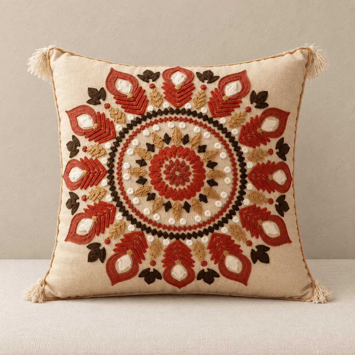 Zuri - Moroccan Embroidered Tassel Pillow Cover — Matina 45X45Cm in a clean warm-neutral product setting