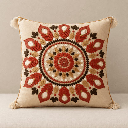 Zuri - Moroccan Embroidered Tassel Pillow Cover — Matina 45X45Cm in a clean warm-neutral product setting