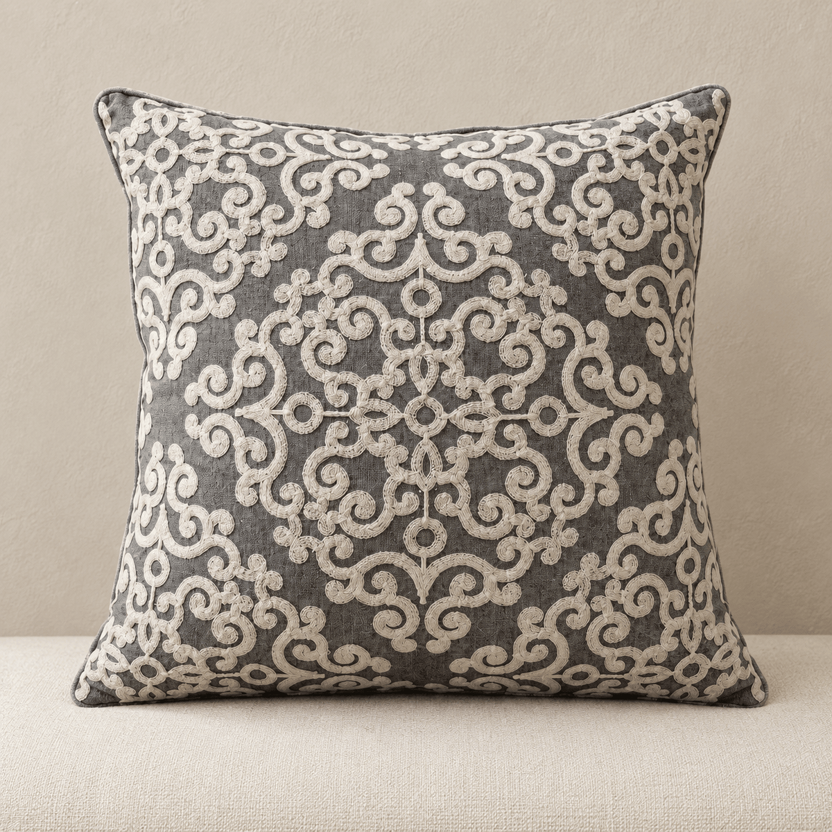 Zuri - Moroccan Embroidered Tassel Pillow Cover — Rainey 45X45Cm in a clean warm-neutral product setting