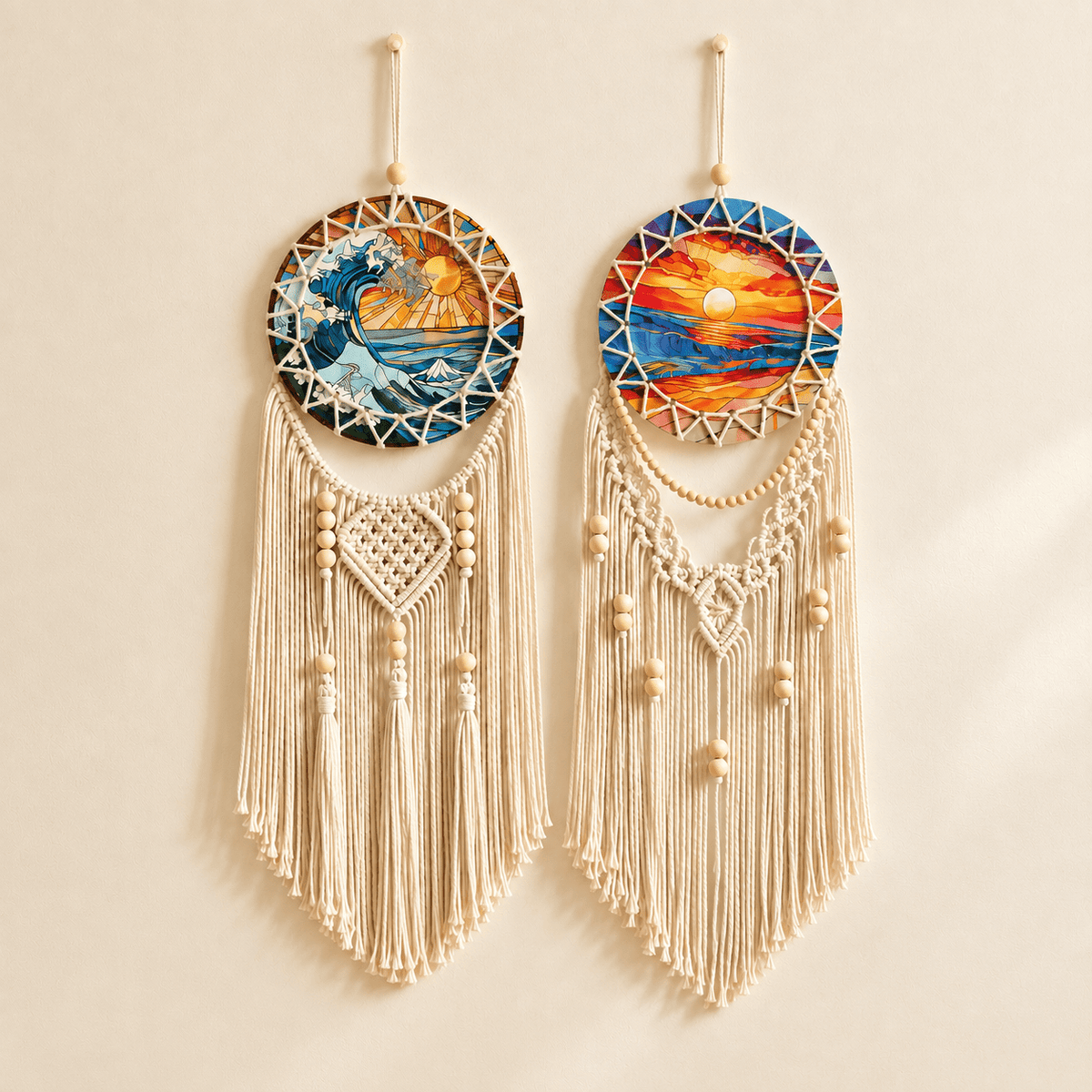 Solana - Coastal Macramé Sunset Wall Hanging — 2 Piece Set in a clean warm-neutral product setting