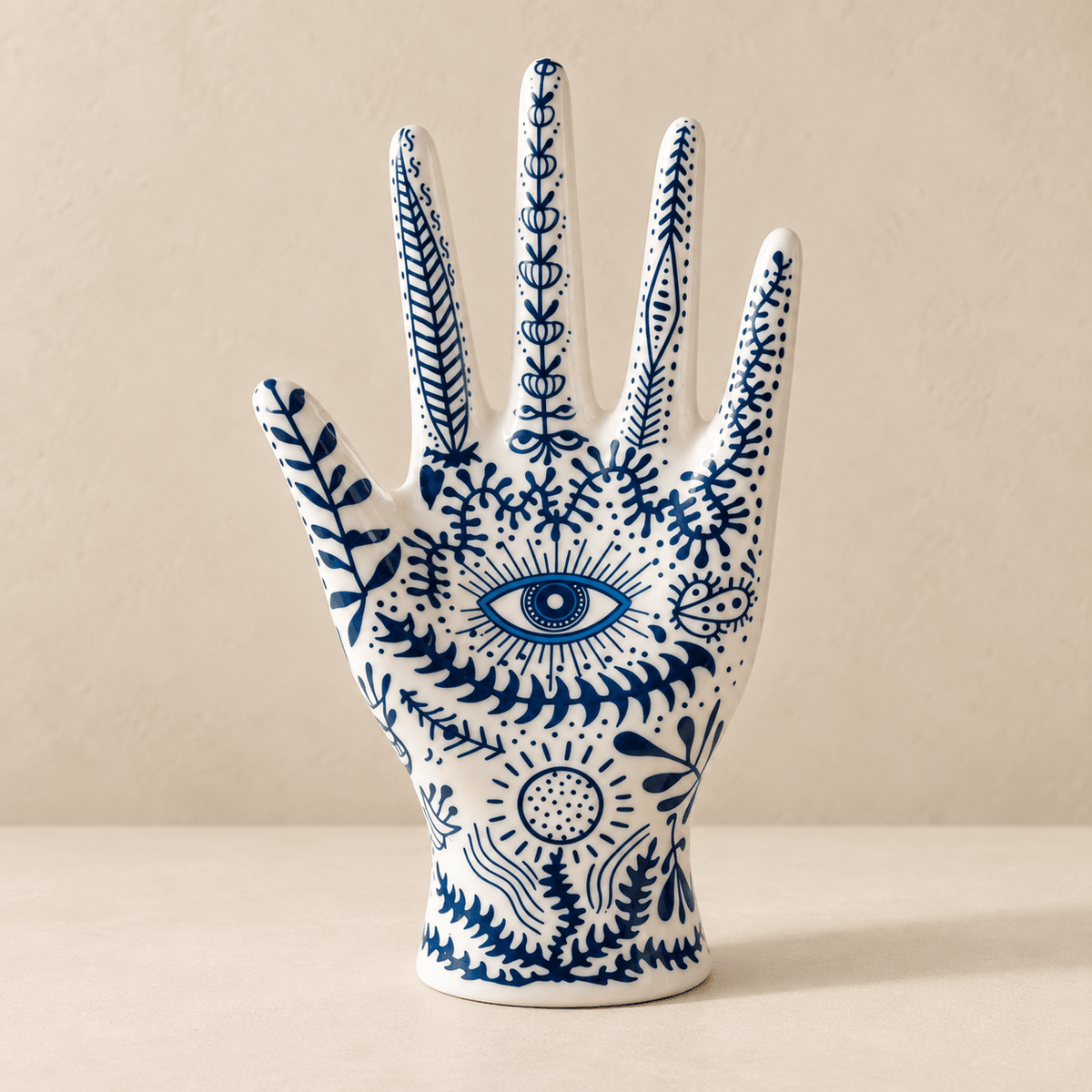 Amara - Hamsa Ceramic Jewelry Holder — Style 1 in a clean warm-neutral product setting