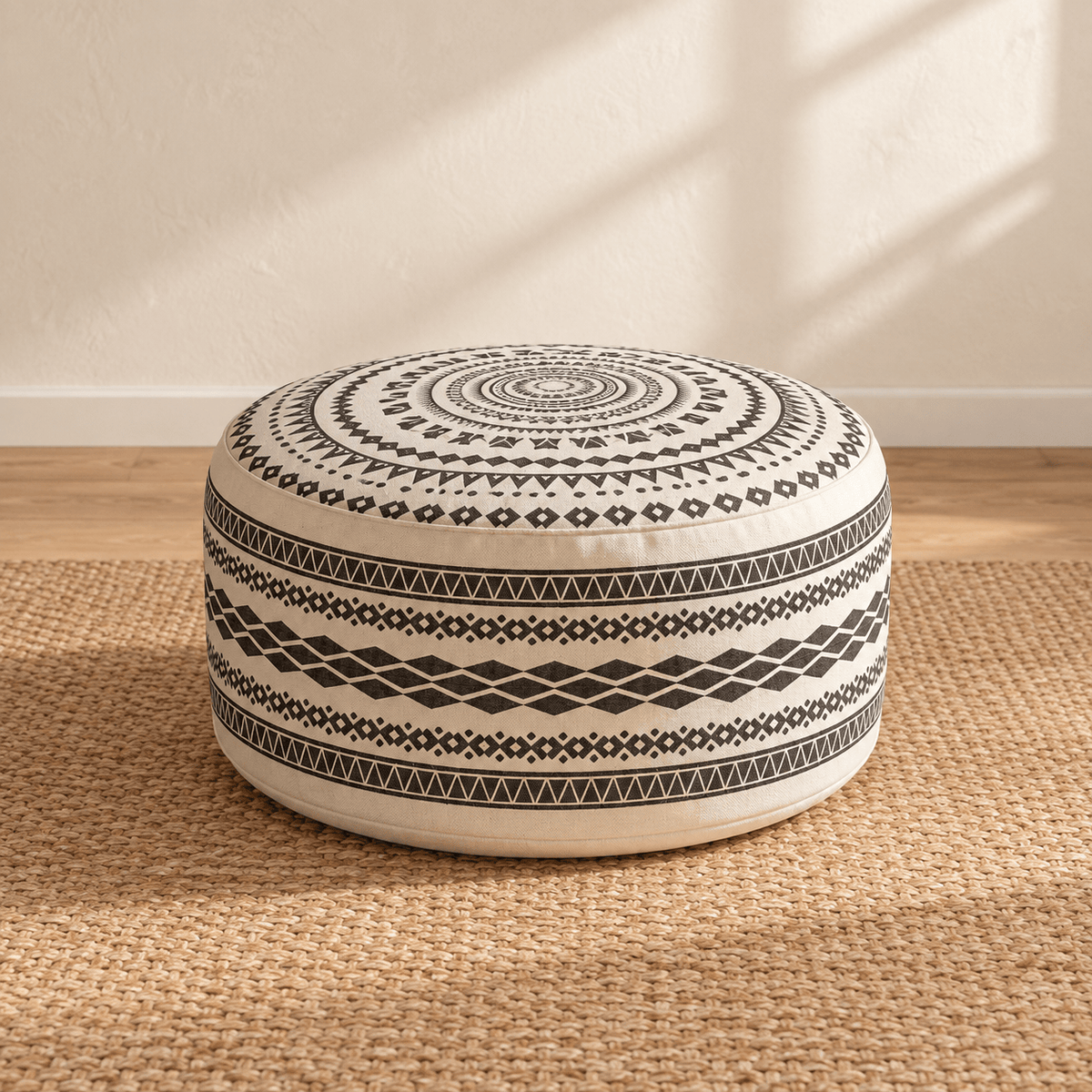 Koa - Geometric Boho Pouf Cover — Charcoal in a clean warm-neutral product setting