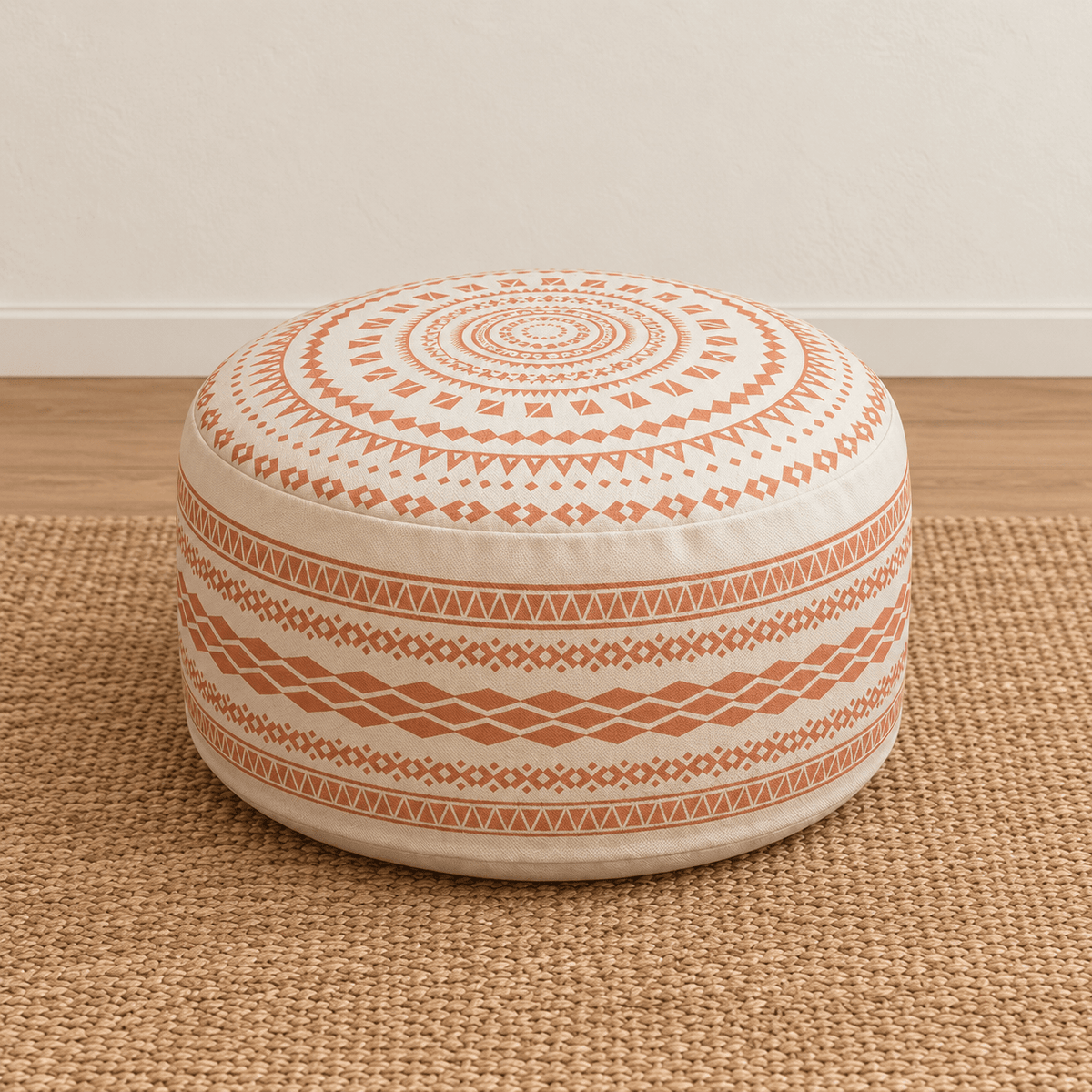 Koa - Geometric Boho Pouf Cover — Terracotta in a clean warm-neutral product setting