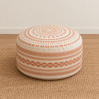Koa - Geometric Boho Pouf Cover — Terracotta in a clean warm-neutral product setting