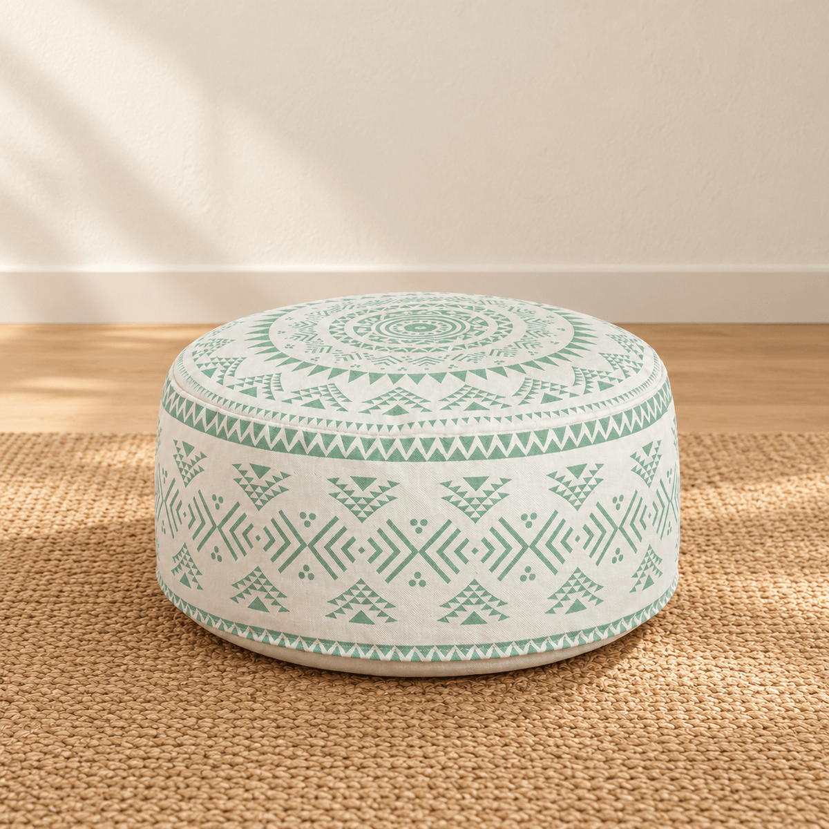 Koa - Geometric Boho Pouf Cover — Lime in a clean warm-neutral product setting