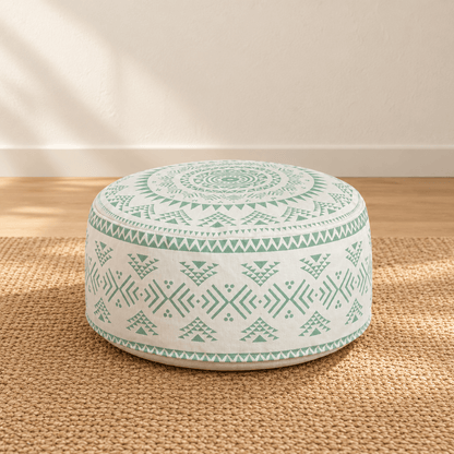 Koa - Geometric Boho Pouf Cover — Lime in a clean warm-neutral product setting