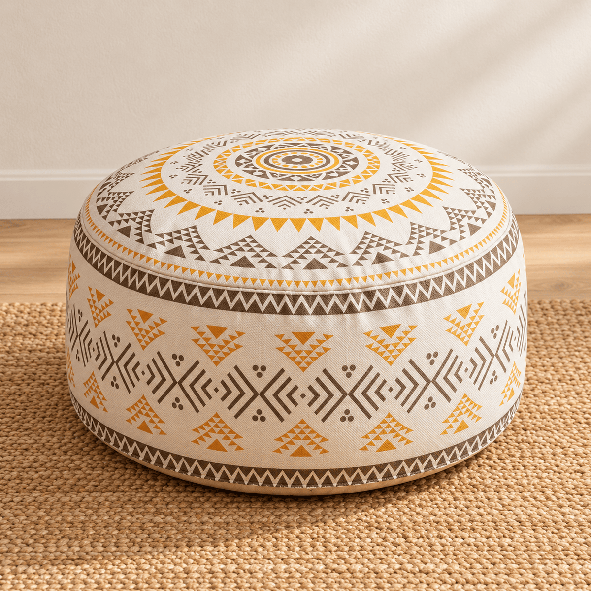 Koa - Geometric Boho Pouf Cover — Mustard in a clean warm-neutral product setting