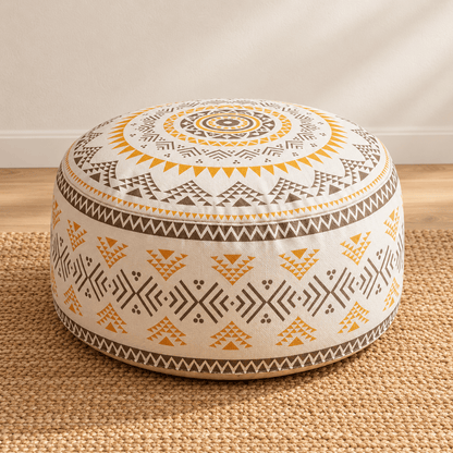 Koa - Geometric Boho Pouf Cover — Mustard in a clean warm-neutral product setting