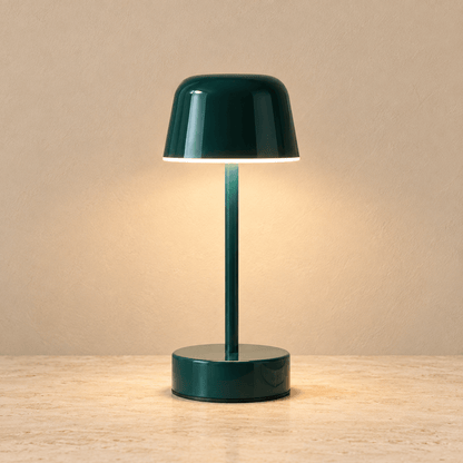 Vela - Cordless Rechargeable Mushroom Table Lamp — Dark Green / USB in a clean warm-neutral product setting