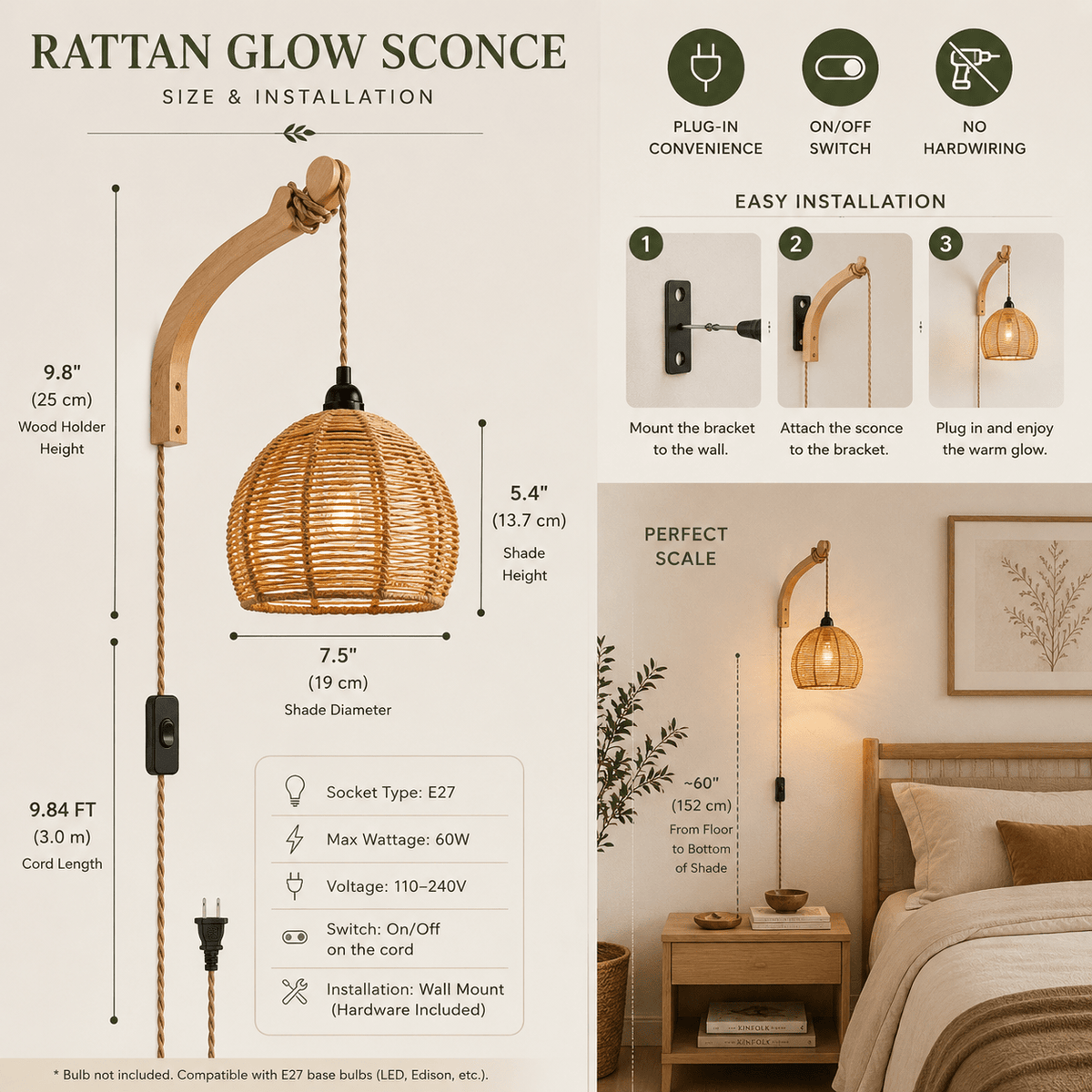 Rattan Glow - Boho Plug-In Wall Sconce - Urban Alcove