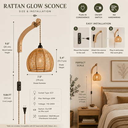 Rattan Glow - Boho Plug-In Wall Sconce - Urban Alcove