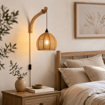 Rattan Glow - Boho Plug-In Wall Sconce - Urban Alcove