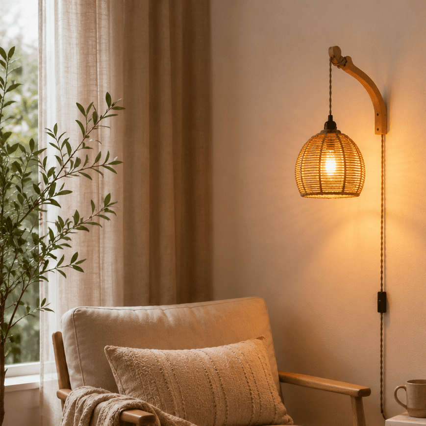 Rattan Glow - Boho Plug-In Wall Sconce - Urban Alcove