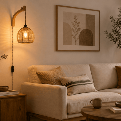 Rattan Glow - Boho Plug-In Wall Sconce - Urban Alcove
