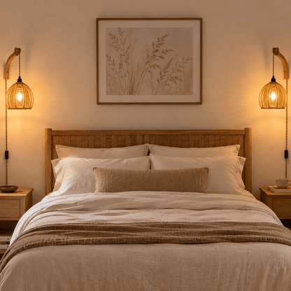 Rattan Glow - Boho Plug-In Wall Sconce - Urban Alcove