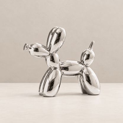Art Deco Pup - Metallic Ceramic Balloon Dog Sculpture — Silver / Medium in a clean warm-neutral product setting