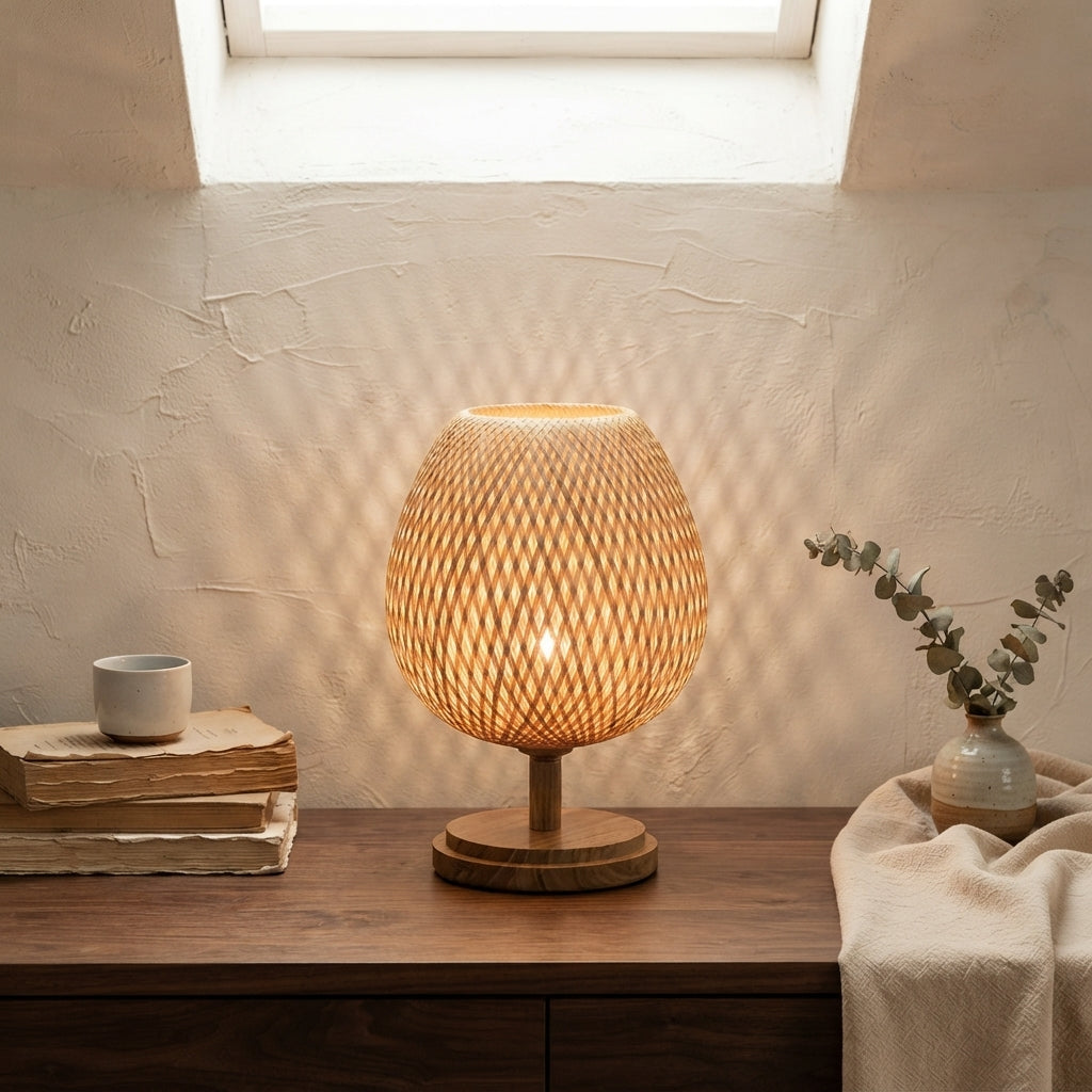 Handwoven Bamboo Table Lamp - Natural Rattan Nightstand Lamp with Wooden Base,  Boho Style