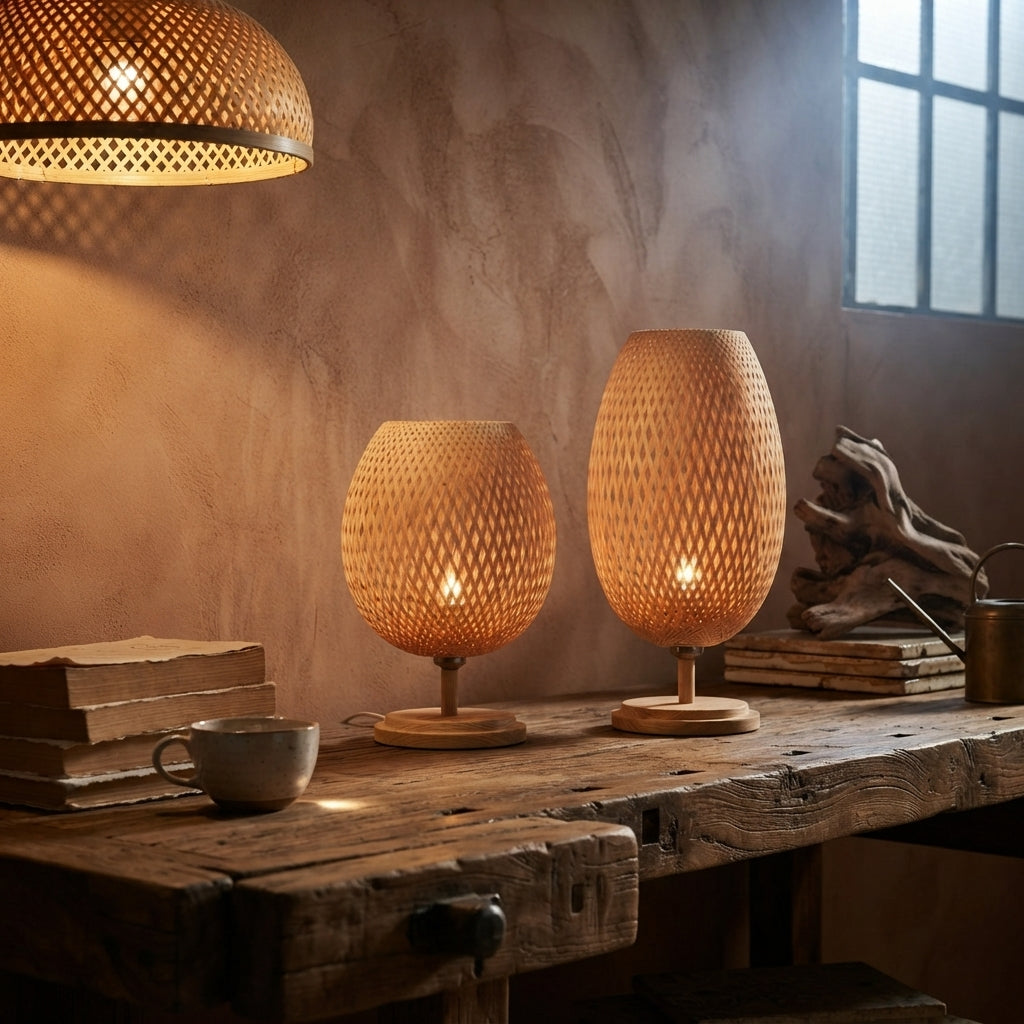 Handwoven Bamboo Table Lamp - Natural Rattan Nightstand Lamp with Wooden Base,  Boho Style