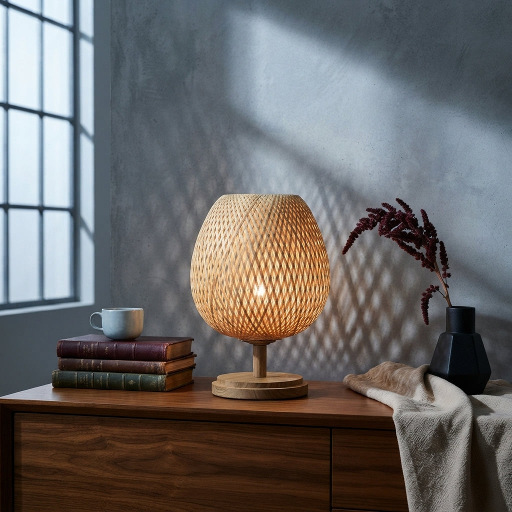 Handwoven Bamboo Table Lamp - Natural Rattan Nightstand Lamp with Wooden Base,  Boho Style