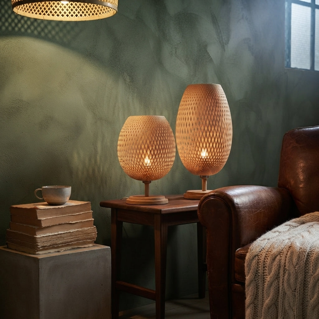 Handwoven Bamboo Table Lamp - Natural Rattan Nightstand Lamp with Wooden Base,  Boho Style