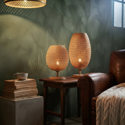 Handwoven Bamboo Table Lamp - Natural Rattan Nightstand Lamp with Wooden Base,  Boho Style