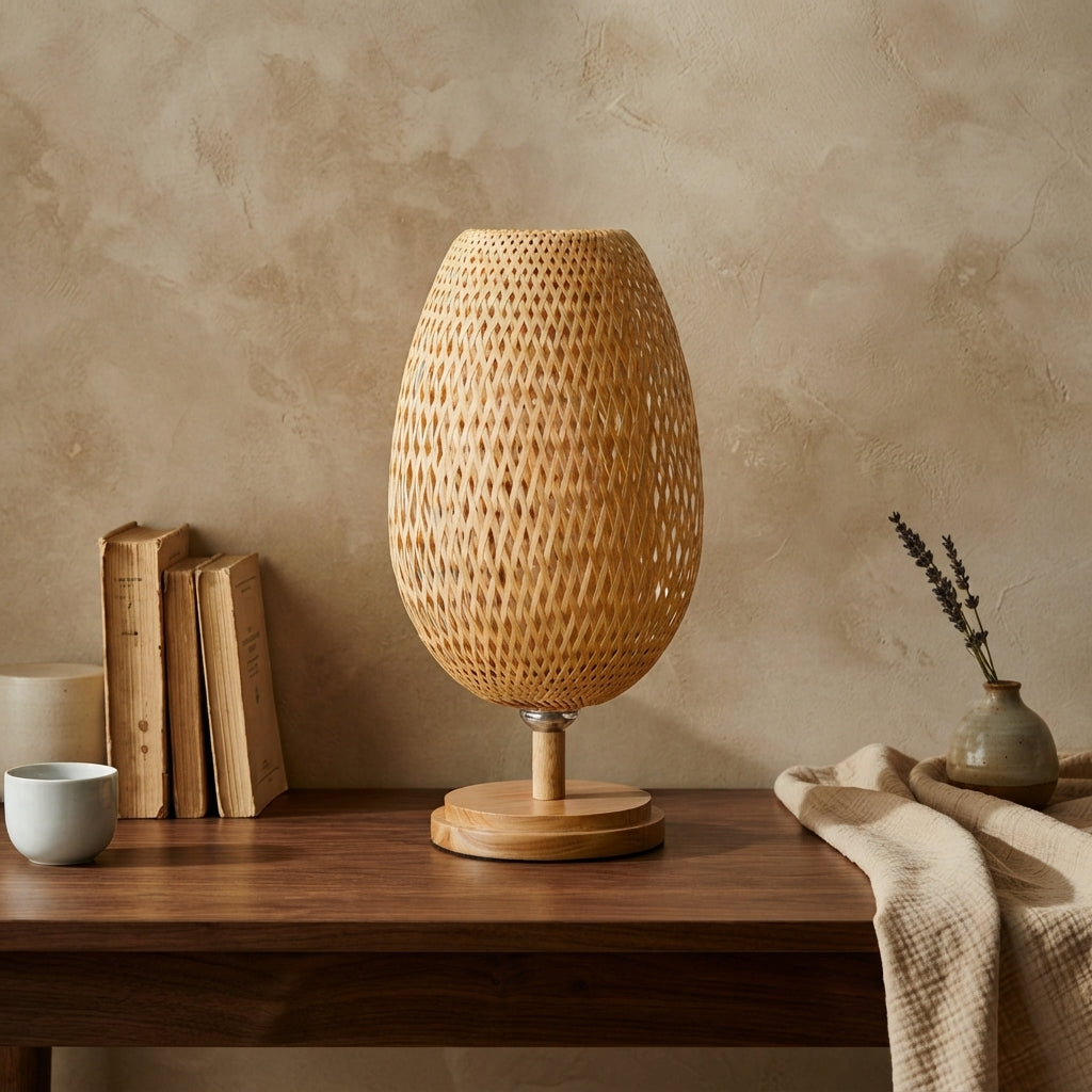 Handwoven Bamboo Table Lamp - Natural Rattan Nightstand Lamp with Wooden Base,  Boho Style