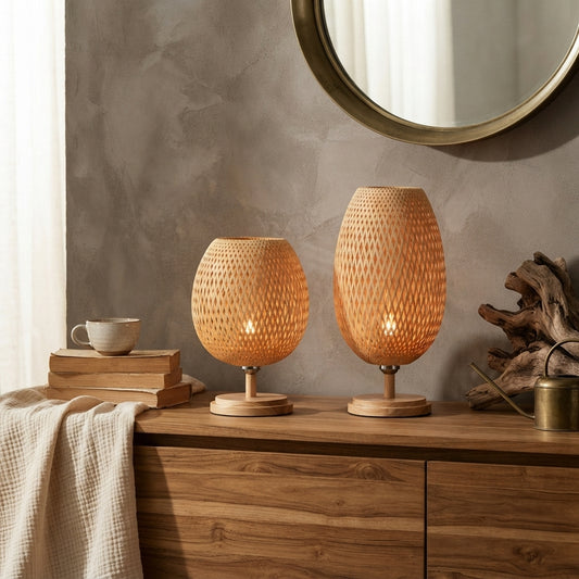 Handwoven Bamboo Table Lamp - Natural Rattan Nightstand Lamp with Wooden Base,  Boho Style