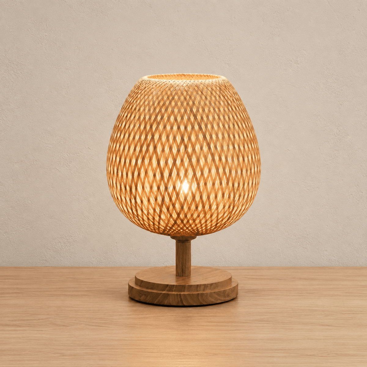 Glow Weave - Woven Bamboo Table Lamp — USA / Short in a clean warm-neutral product setting