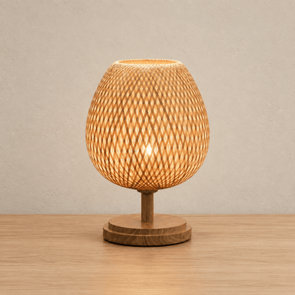 Glow Weave - Woven Bamboo Table Lamp — USA / Short in a clean warm-neutral product setting