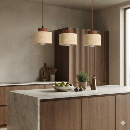 Stone Pendant Light - Japanese Wabi-Sabi Design, Minimalist Cylinder Hanging Lamp, Fixture for Kitchen Island or Dining