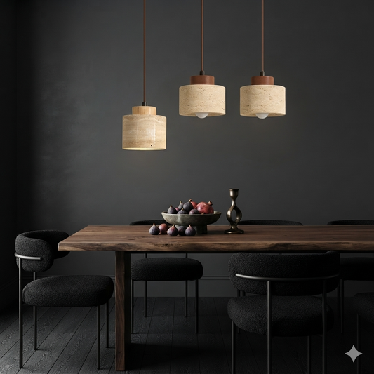 Stone Pendant Light - Japanese Wabi-Sabi Design, Minimalist Cylinder Hanging Lamp, Fixture for Kitchen Island or Dining