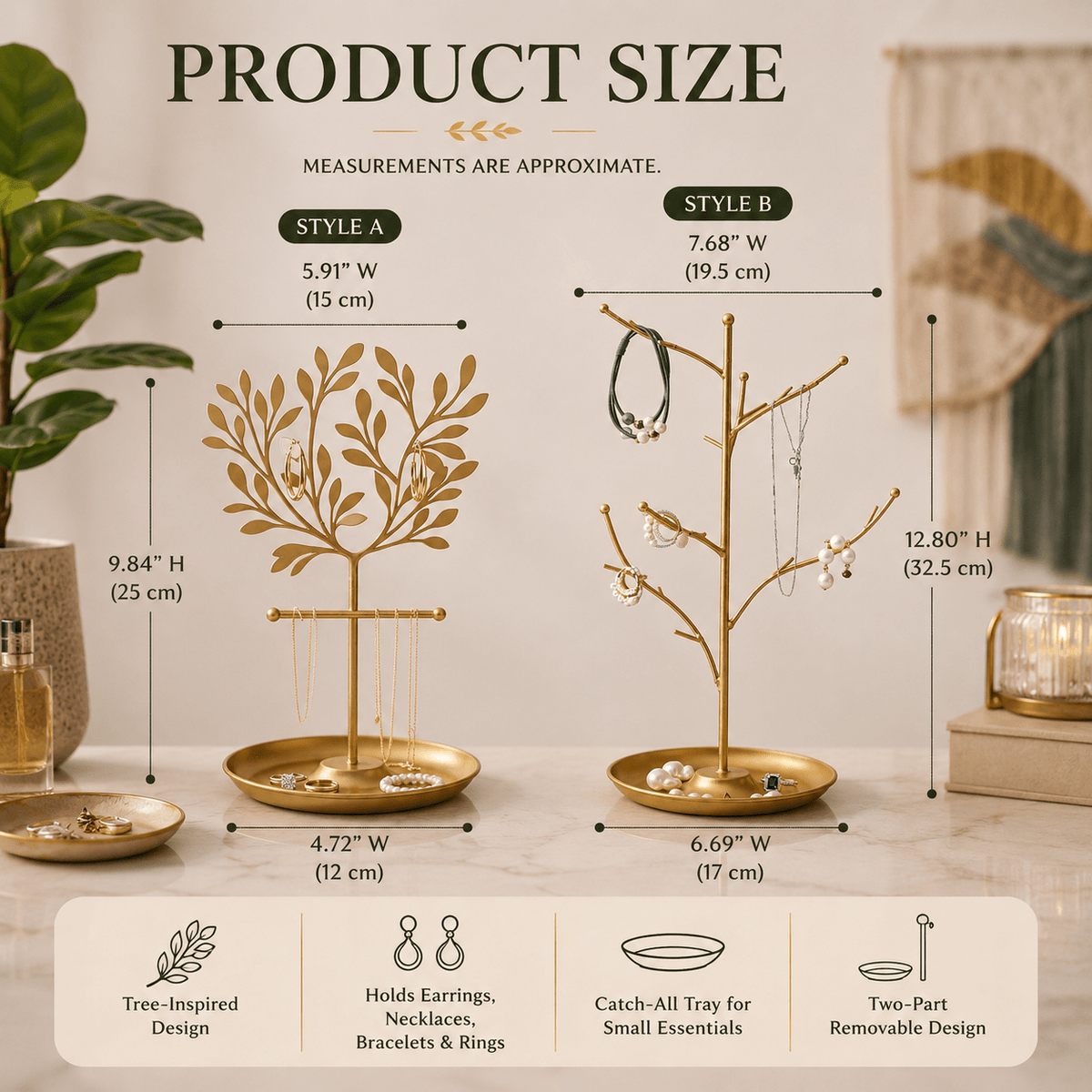 Olive Branch - Metal Jewelry Stand with Jewelry Tray - Urban Alcove
