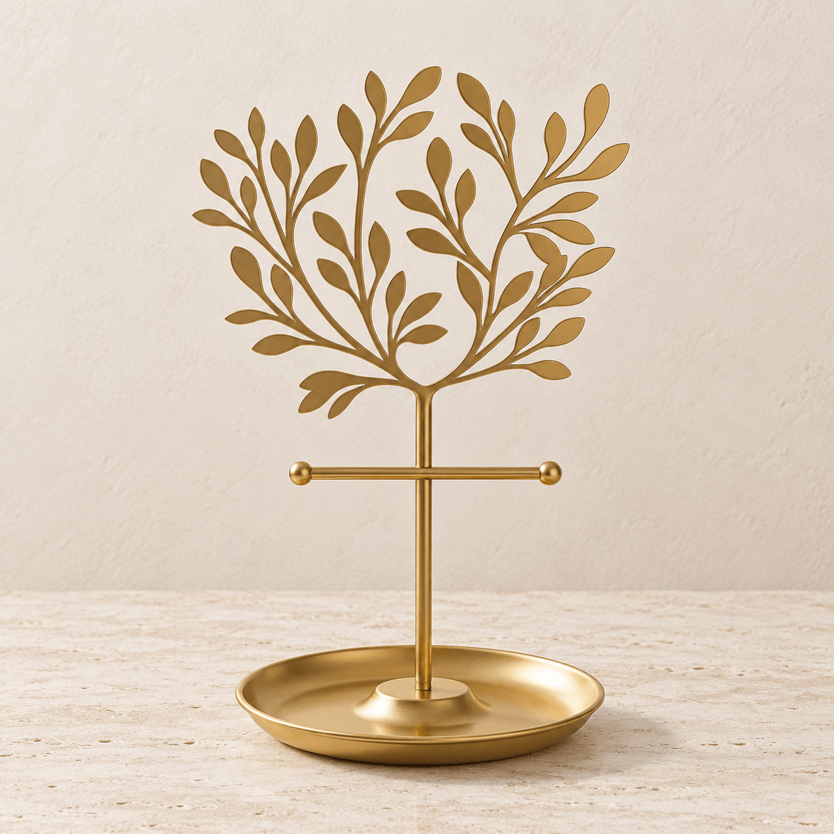 Olive Branch - Metal Jewelry Stand with Jewelry Tray — Gold Leaves in a clean warm-neutral product setting