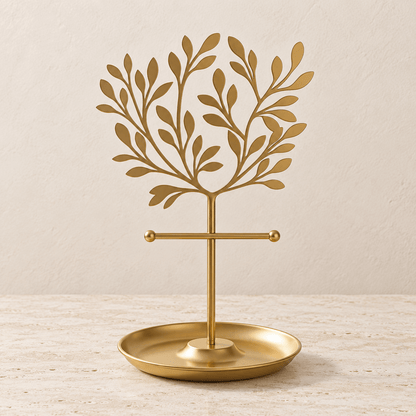 Olive Branch - Metal Jewelry Stand with Jewelry Tray — Gold Leaves in a clean warm-neutral product setting