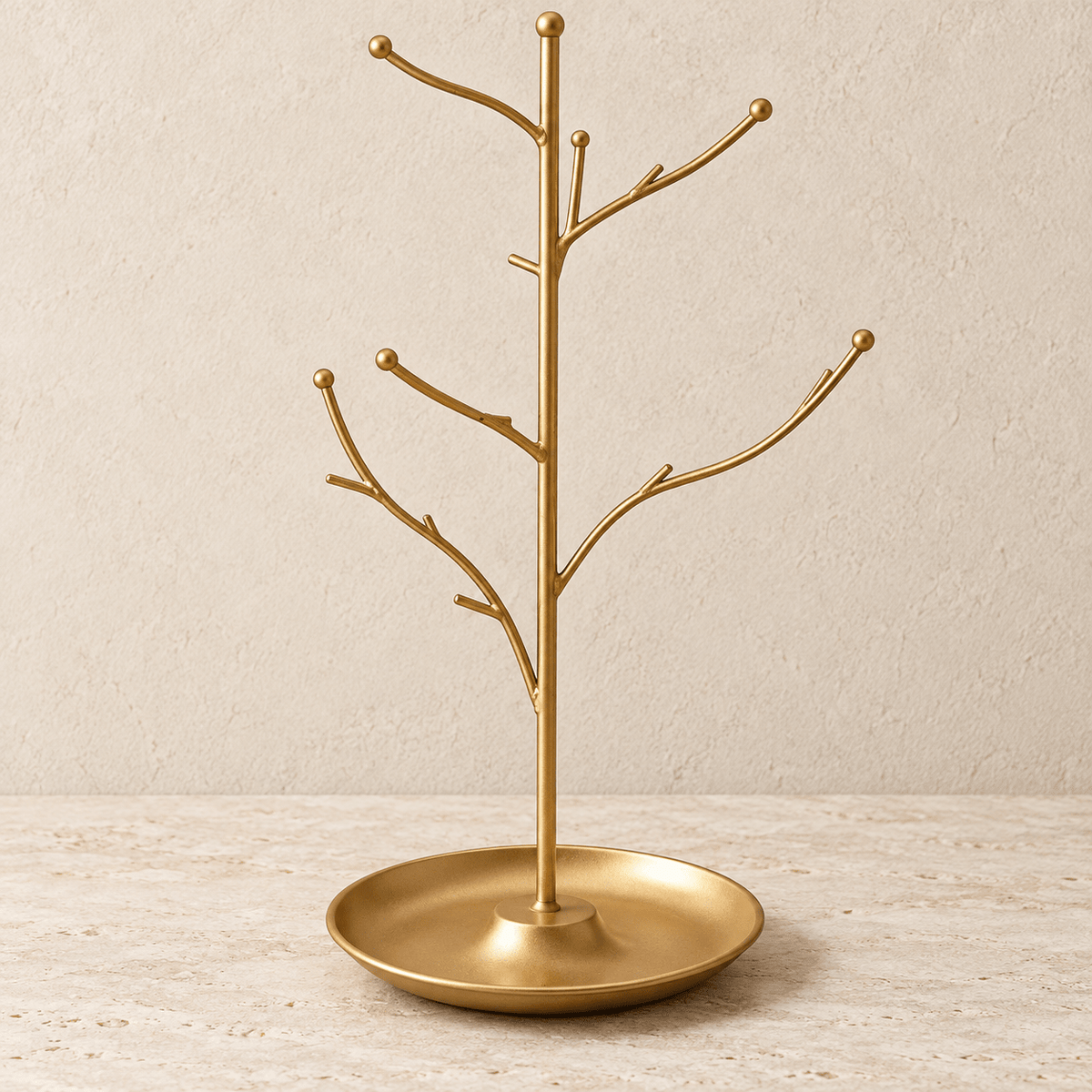 Olive Branch - Metal Jewelry Stand with Jewelry Tray — Gold Branches in a clean warm-neutral product setting