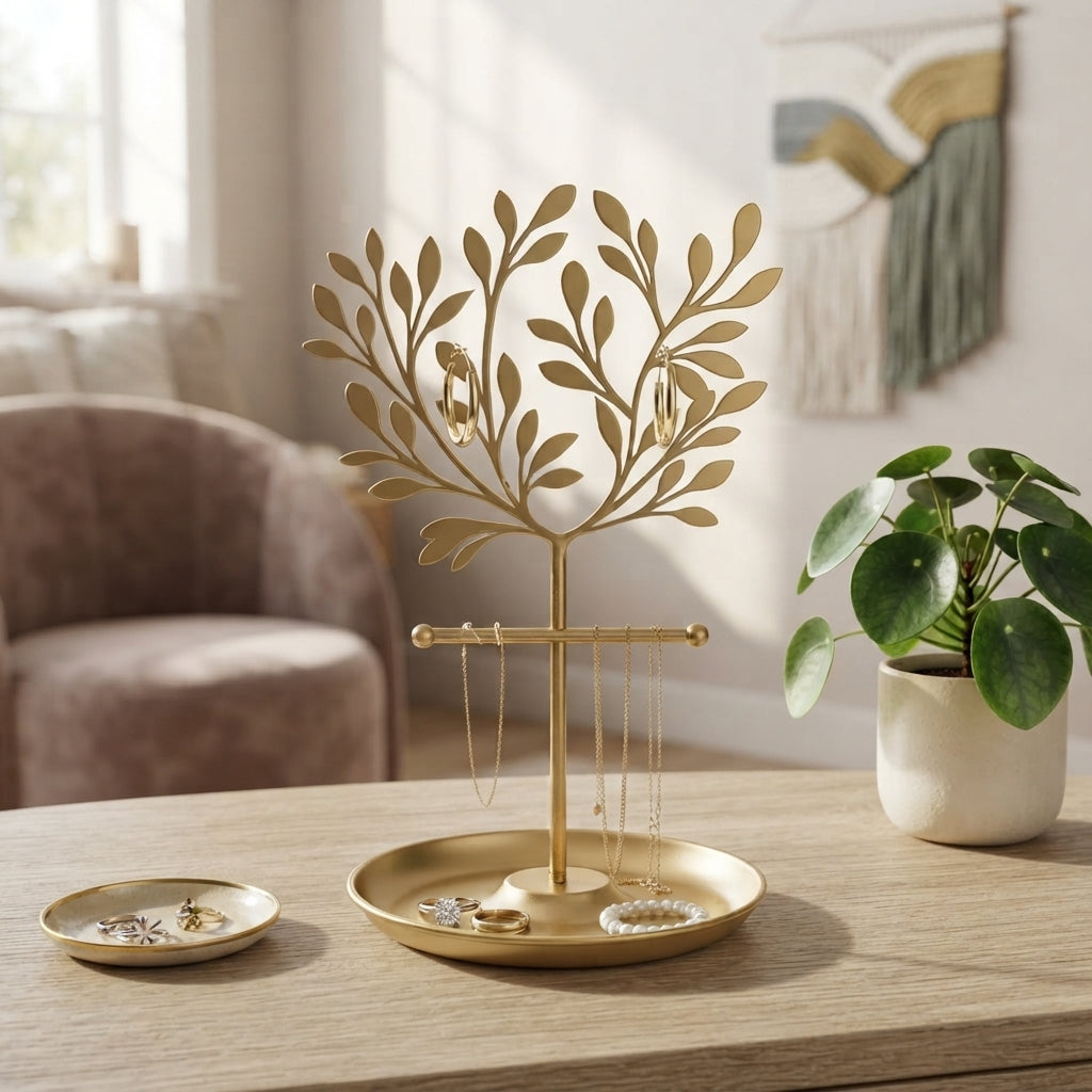 New Metal Jewelry Display Stand Tree - Decorative Earring Organizer Holder with Tray, Bracelet & Ring Storage Rack