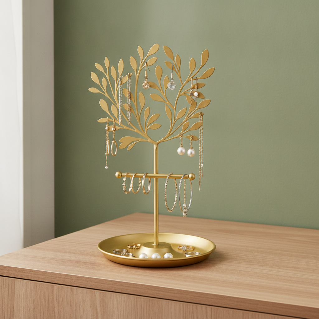 New Metal Jewelry Display Stand Tree - Decorative Earring Organizer Holder with Tray, Bracelet & Ring Storage Rack