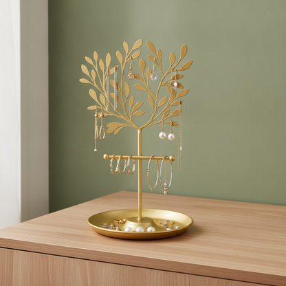 New Metal Jewelry Display Stand Tree - Decorative Earring Organizer Holder with Tray, Bracelet & Ring Storage Rack