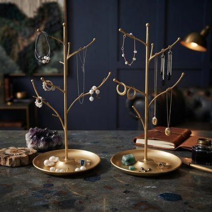 New Metal Jewelry Display Stand Tree - Decorative Earring Organizer Holder with Tray, Bracelet & Ring Storage Rack