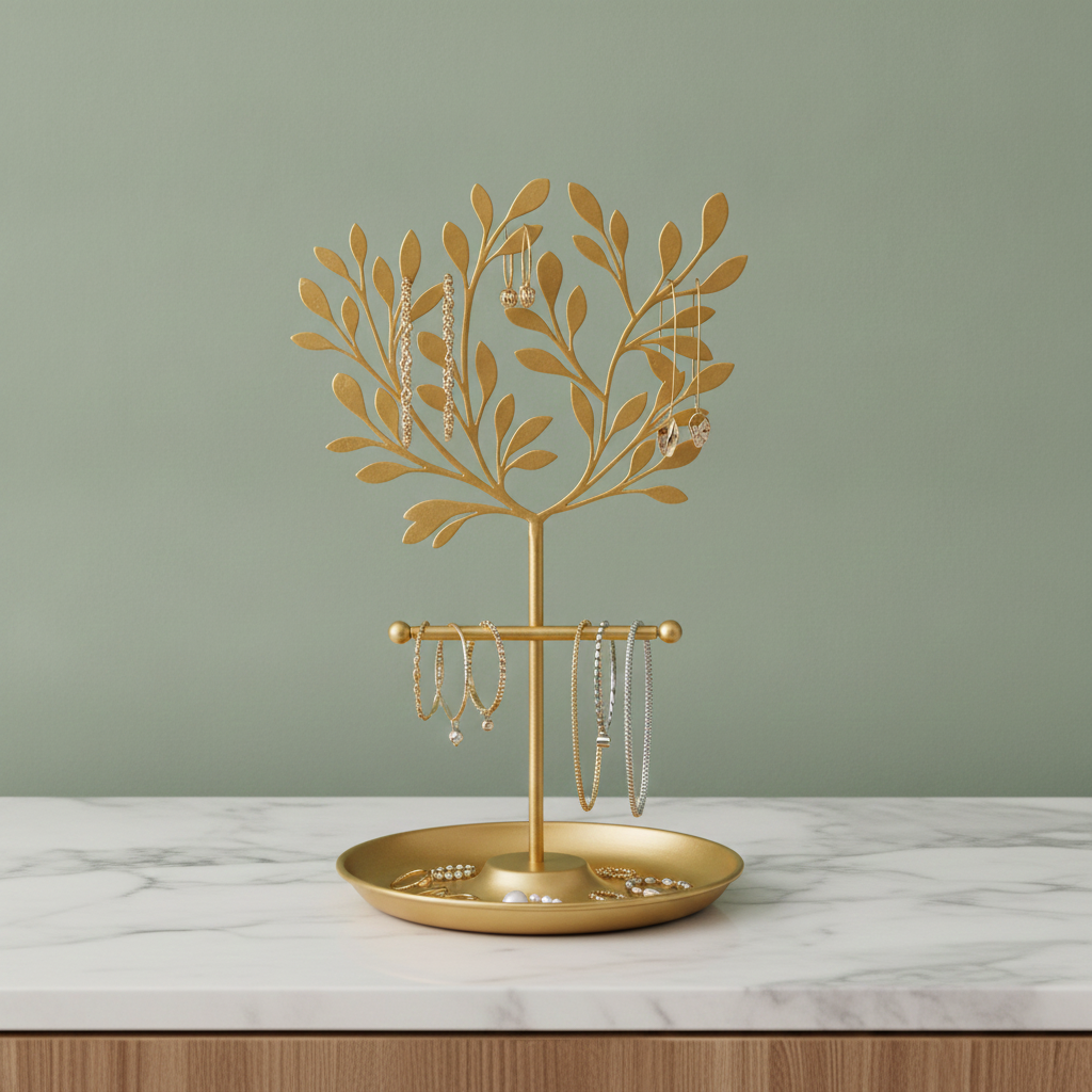 New Metal Jewelry Display Stand Tree - Decorative Earring Organizer Holder with Tray, Bracelet & Ring Storage Rack