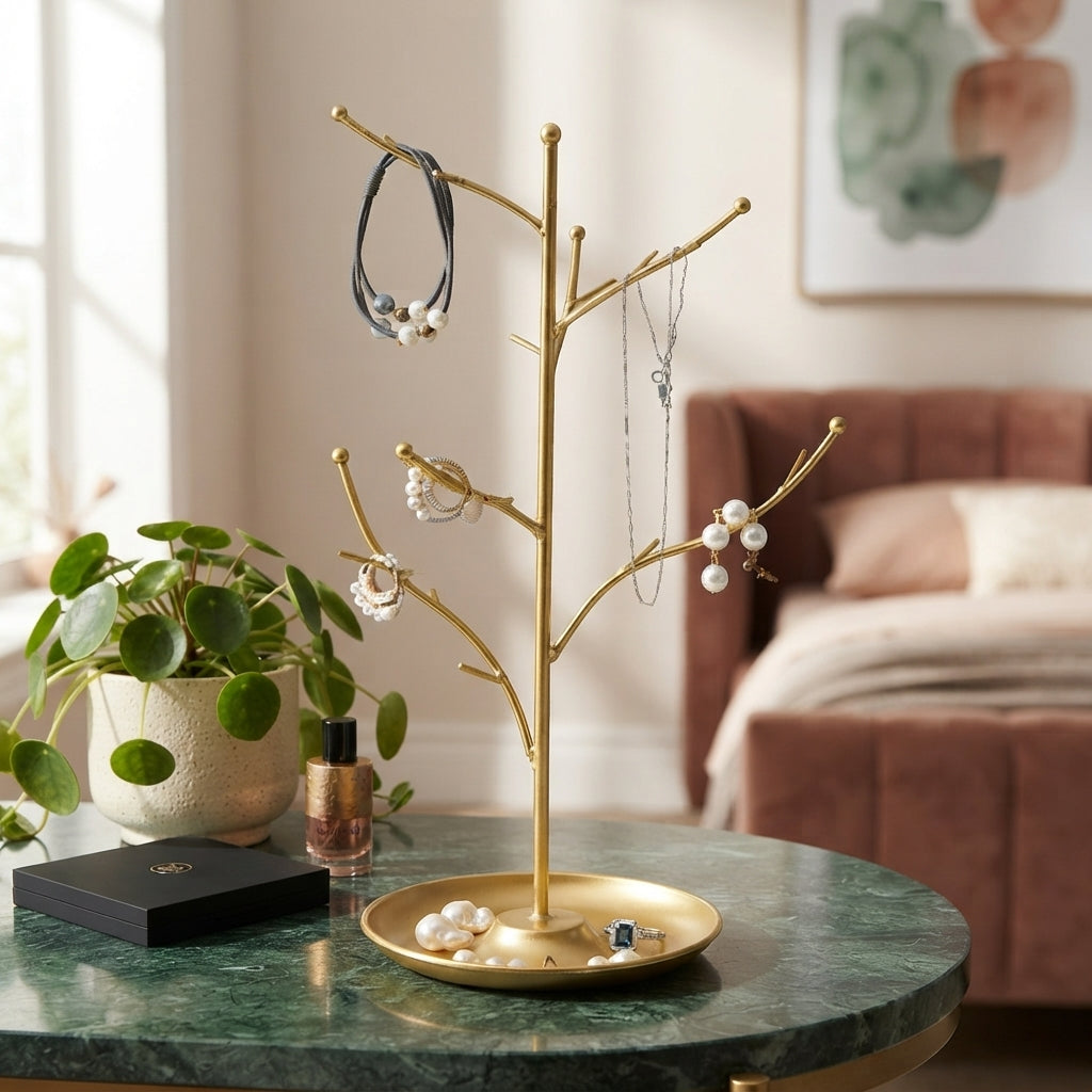 New Metal Jewelry Display Stand Tree - Decorative Earring Organizer Holder with Tray, Bracelet & Ring Storage Rack