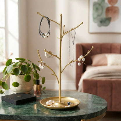 New Metal Jewelry Display Stand Tree - Decorative Earring Organizer Holder with Tray, Bracelet & Ring Storage Rack