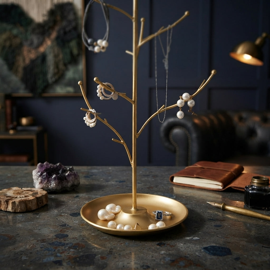 New Metal Jewelry Display Stand Tree - Decorative Earring Organizer Holder with Tray, Bracelet & Ring Storage Rack