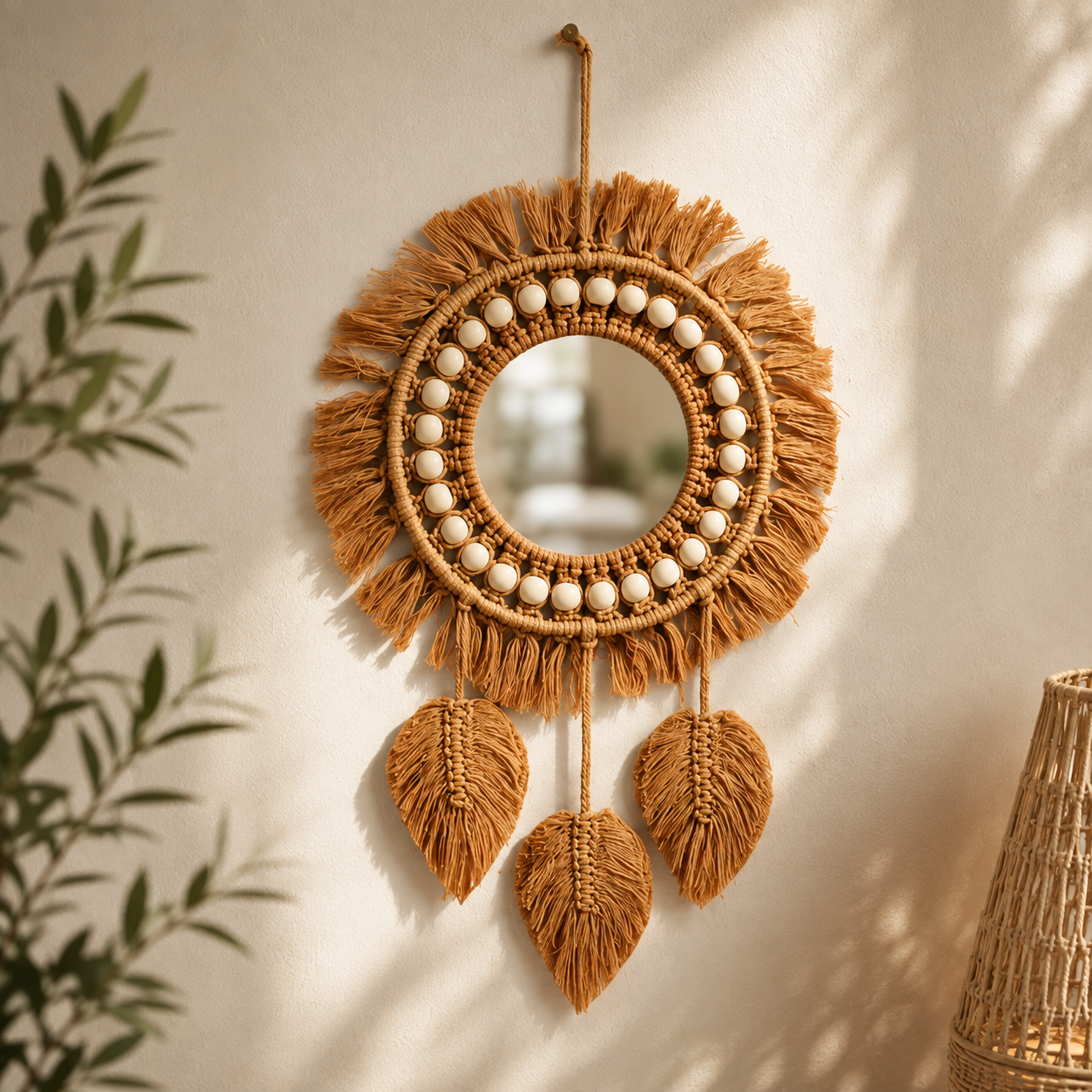 Boho Round Wall Mirror with Macrame Fringe - Decorative Woven Hanging Mirror for Wall Decor