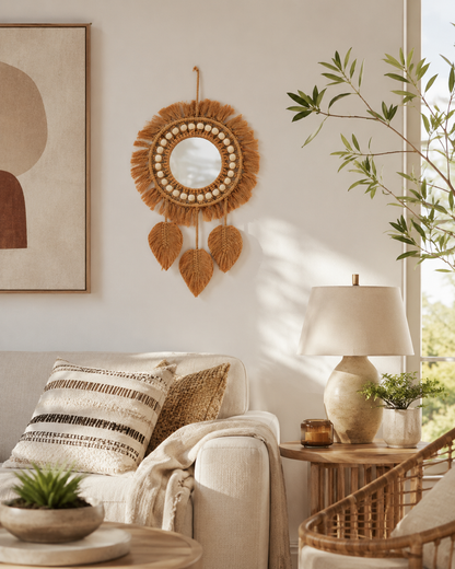 Boho Round Wall Mirror with Macrame Fringe - Decorative Woven Hanging Mirror for Wall Decor