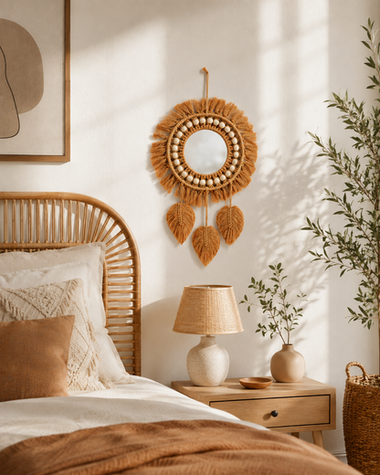 Boho Round Wall Mirror with Macrame Fringe - Decorative Woven Hanging Mirror for Wall Decor