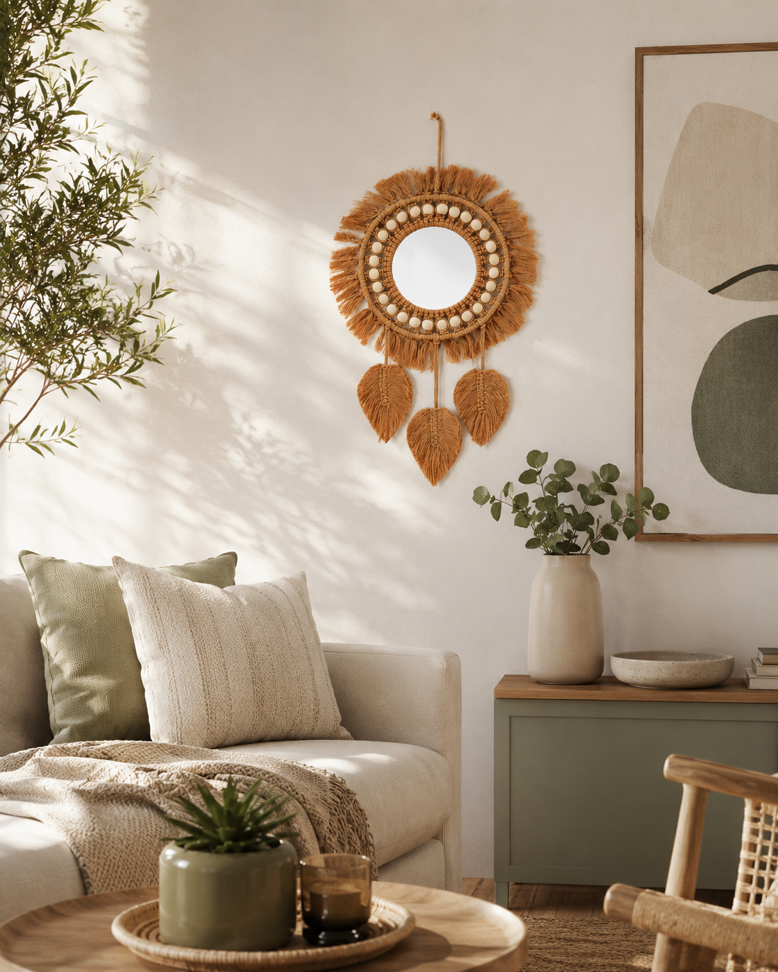 Boho Round Wall Mirror with Macrame Fringe - Decorative Woven Hanging Mirror for Wall Decor