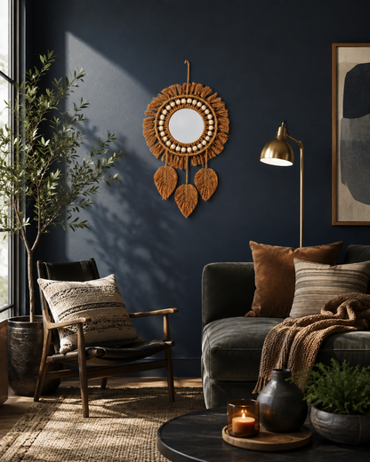 Boho Round Wall Mirror with Macrame Fringe - Decorative Woven Hanging Mirror for Wall Decor