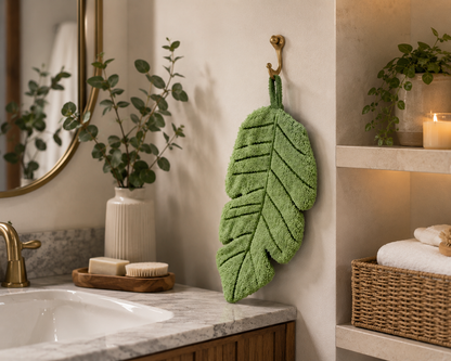 Botanical Sage Green Leaf Shaped Hanging Hand Towel - Plush Absorbent Kitchen & Bathroom Towel with Loop