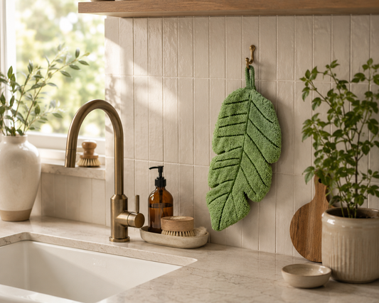 Botanical Sage Green Leaf Shaped Hanging Hand Towel - Plush Absorbent Kitchen & Bathroom Towel with Loop